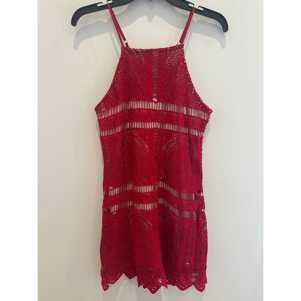 Francesca's Red Crochet Lace Mini Dress High Neck Halter Small Cocktail Party